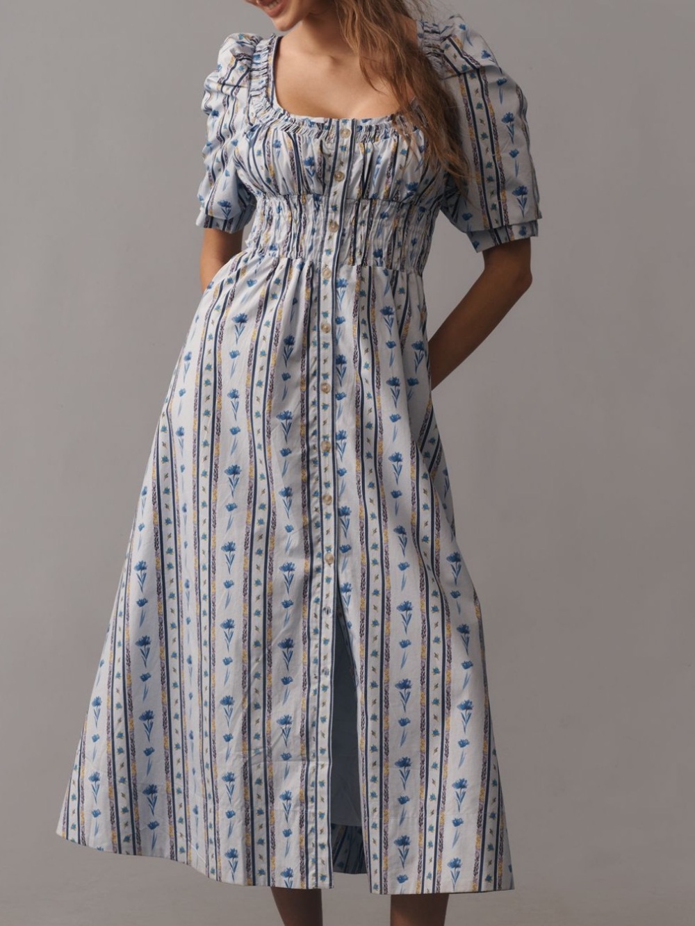 NWT Anthropologie Short-Sleeve High-Low Midi Dress in Blue Floral Print